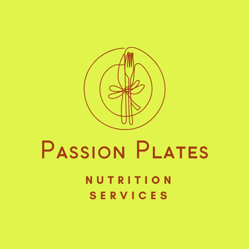 Logo for Passion Plates Nutrition Services, featuring a fork, knife, and plate illustration on a lime green background.