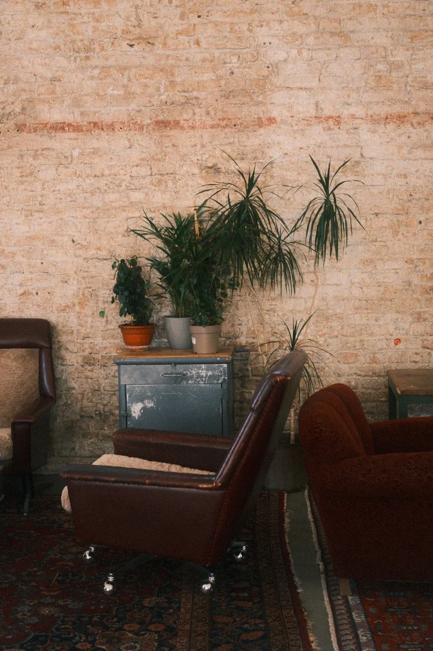 Interior scene with a brick wall, vintage chairs, and potted plants on a cabinet.