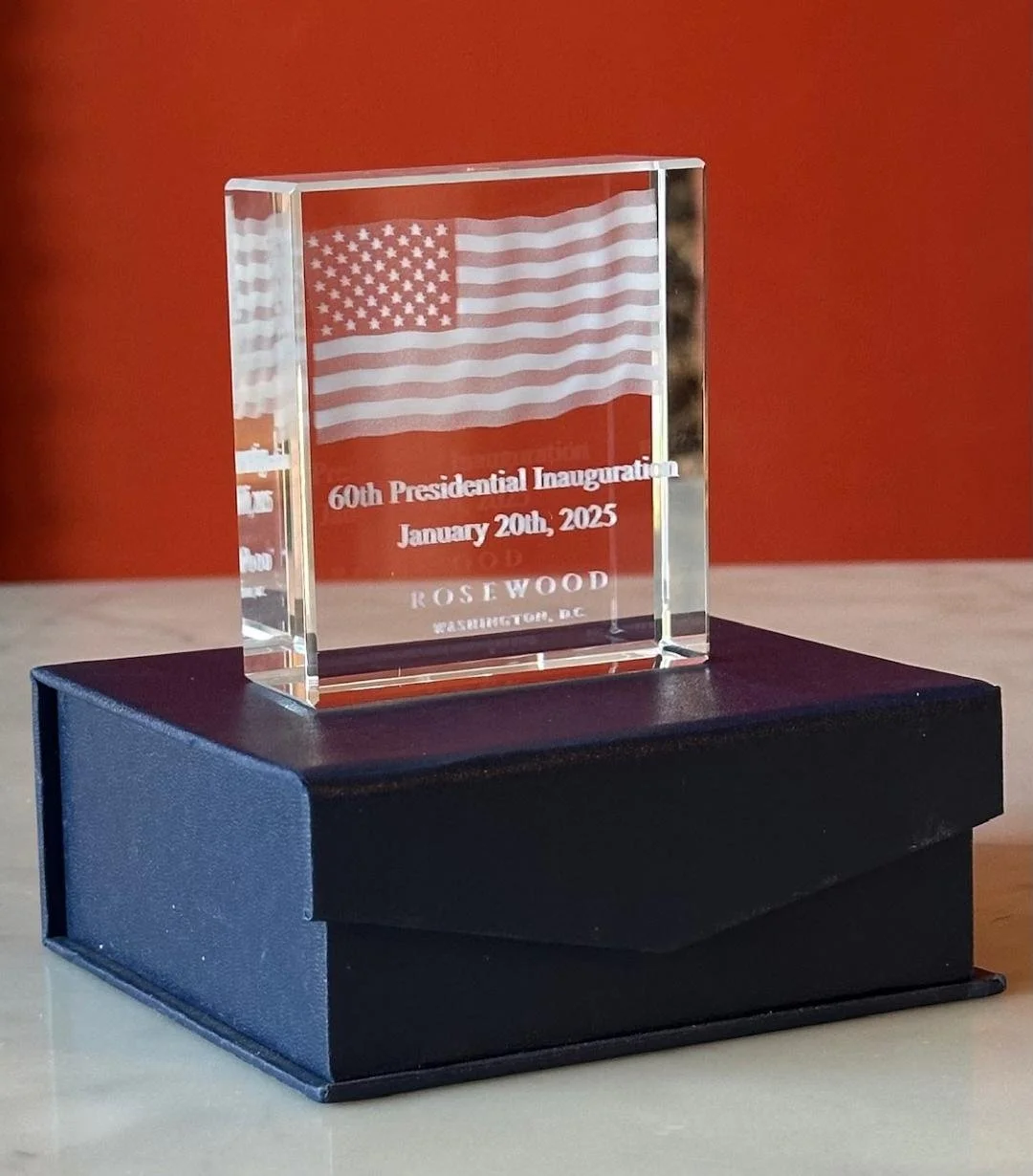 Laser Engraved Commemorative Glass paperweight of an American flag and commemorating the 60th Presidential Inauguration.