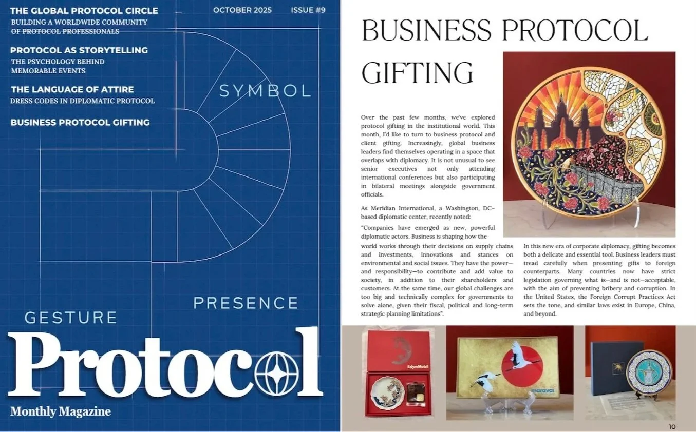 Magazine page titled 'Business Protocol Gifting', featuring a circular framed artwork with colorful, intricate patterns and several smaller images of gift items.