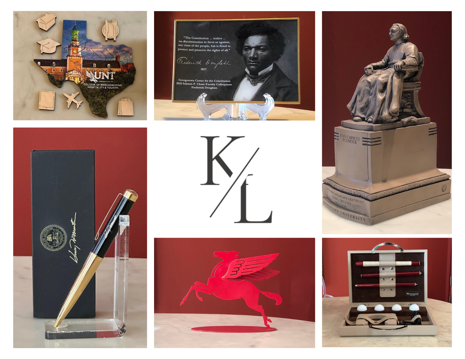 Collage of various corporate gifts including a hand-made puzzle, a decoupage plate, a bust of the founder of Georgetown University, a custom pen, a pegasus sculpture corporate gift that was created for Mobile, and an Italian leather golf set for UHNW