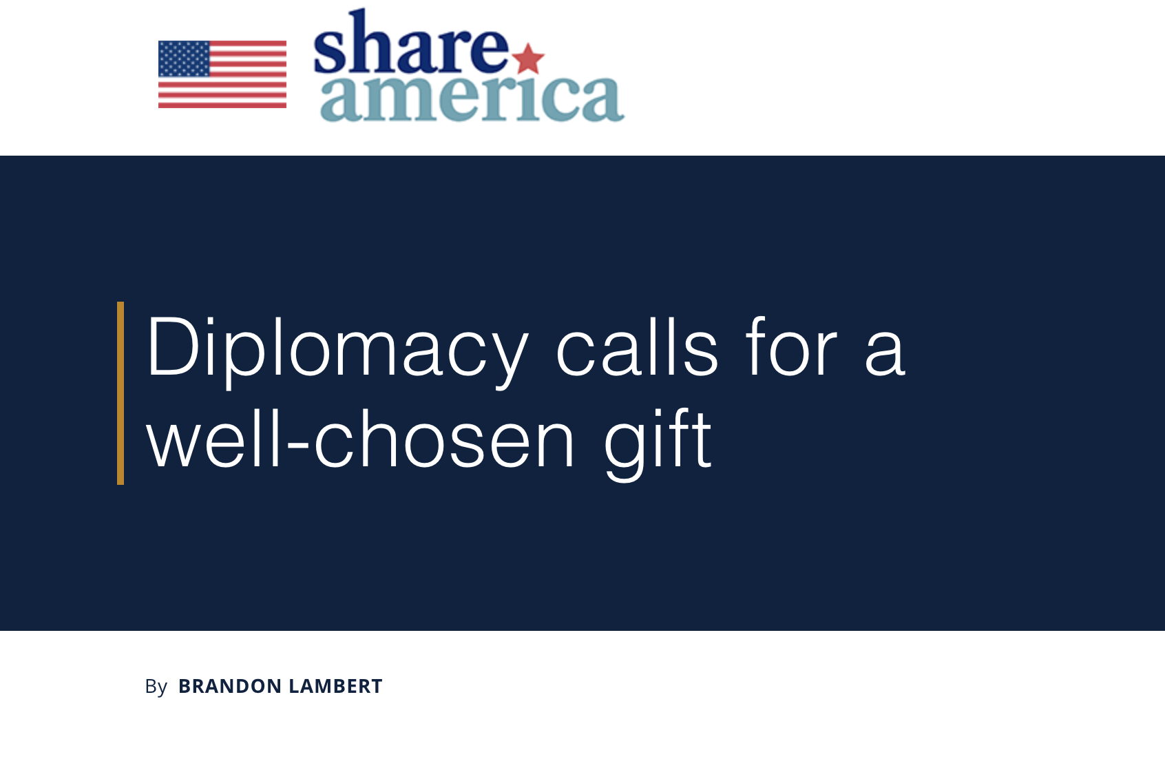 A webpage header with an American flag icon, the logo 'Share America,' and the title 'Diplomacy calls for a well-chosen gift' by Brandon Lambert.