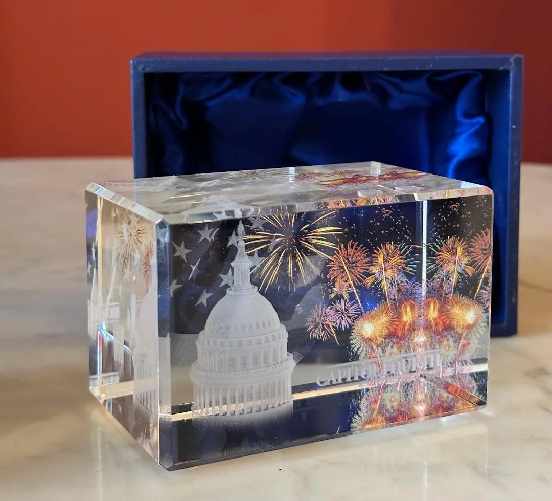 Laser Engraved Paperweight of the US Capitol and fireworks