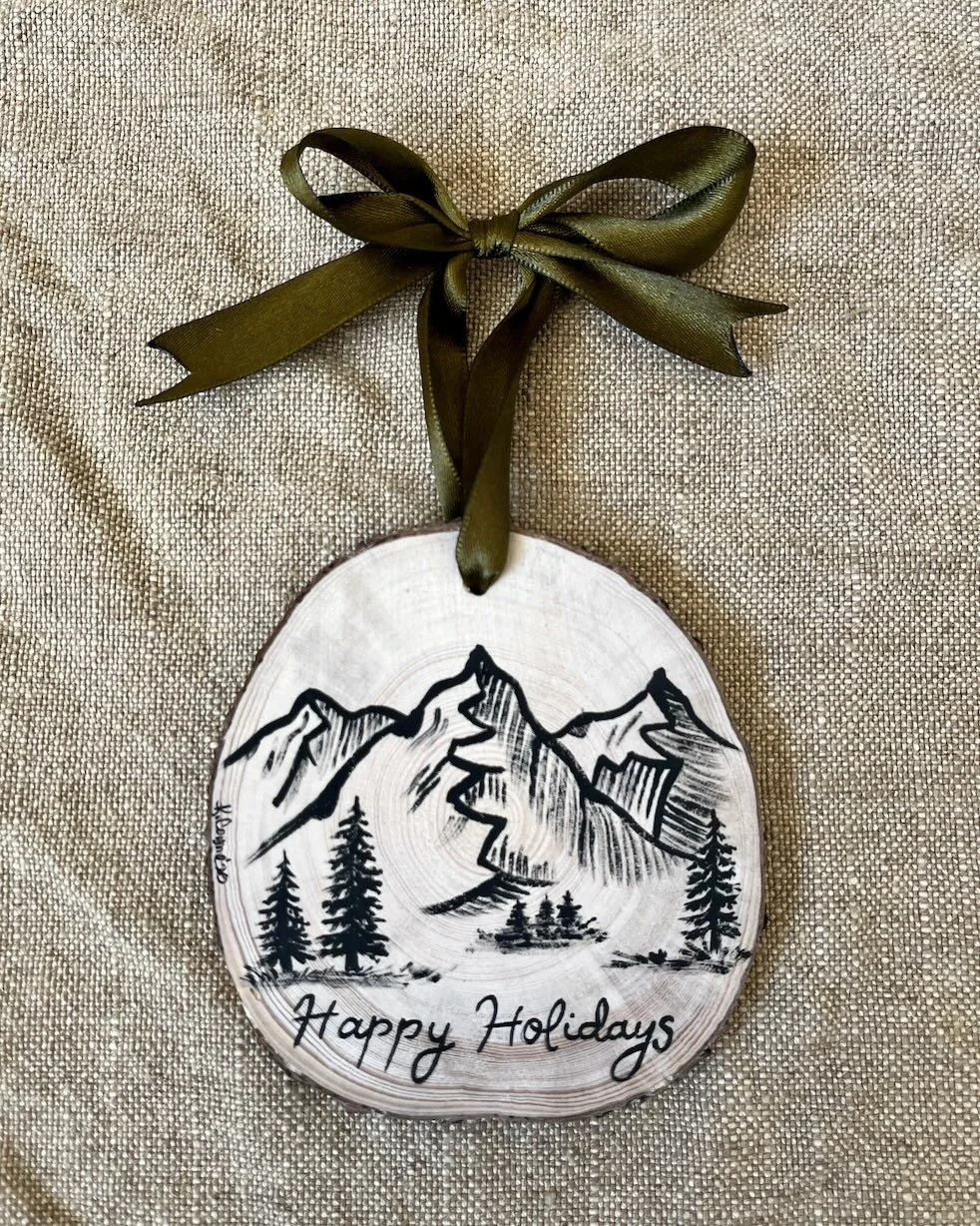Raw Wood Slice with Hand Painted of a mountain ornament