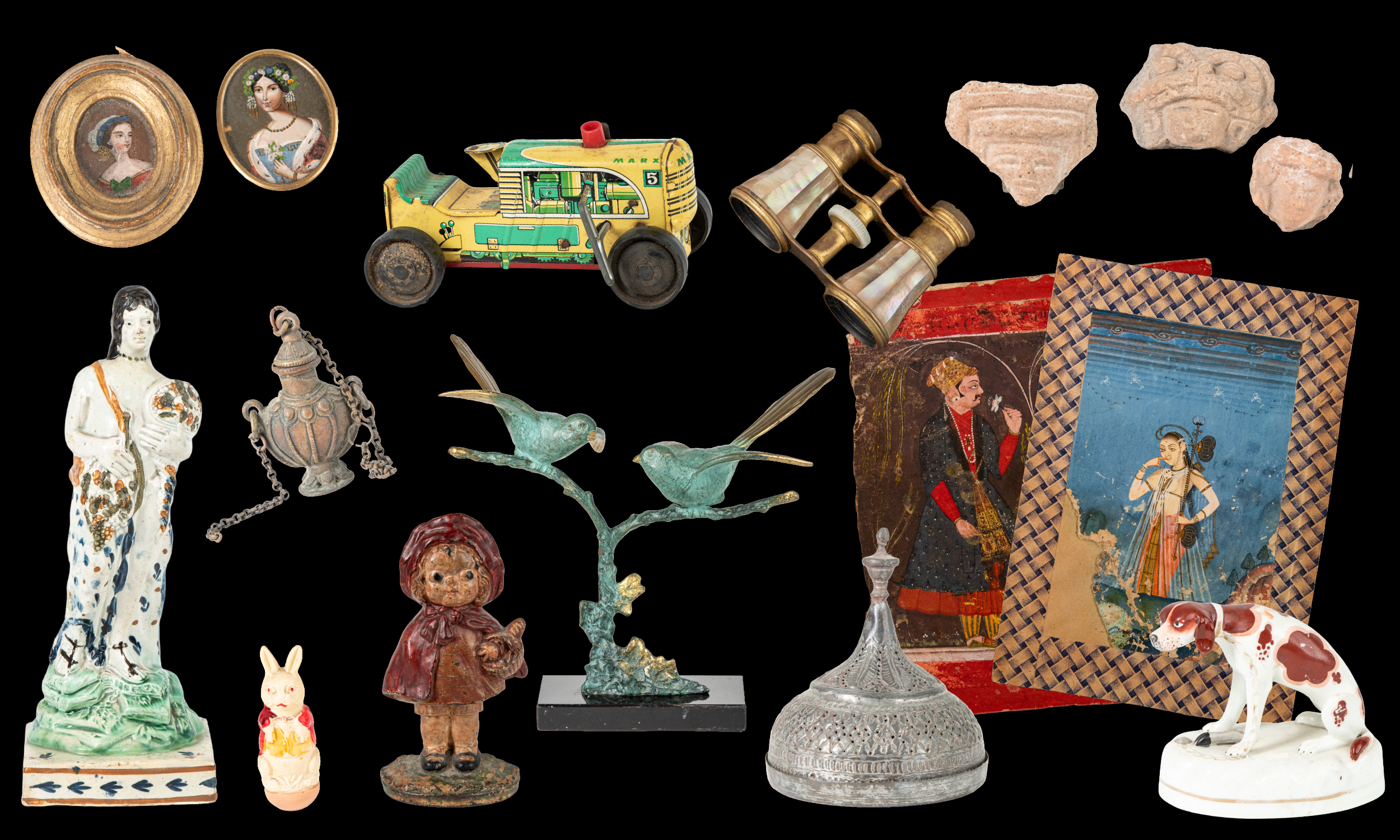 World Antiques, Folk Art, Staffordshire, Asian & African Objects, Toys, Silver & More