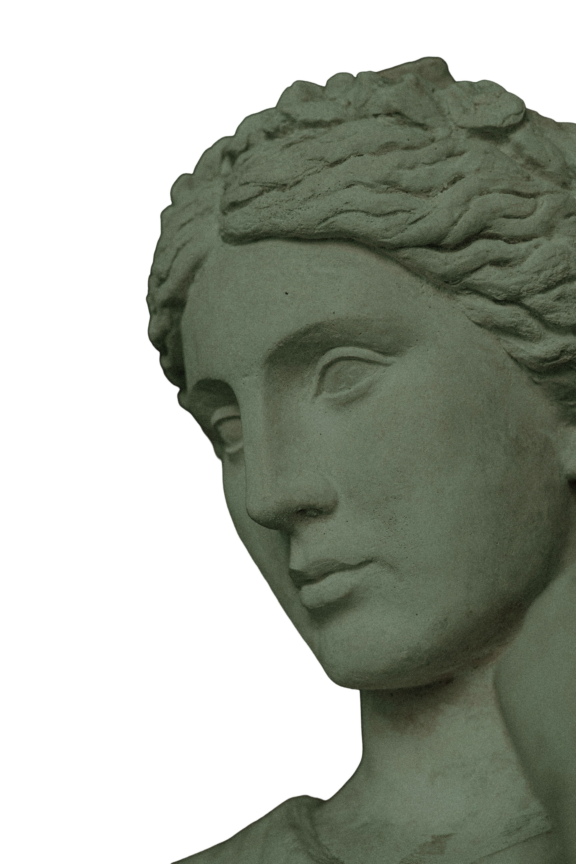 Close-up of a classical marble sculpture of a woman's face in profile, showing detailed hair and facial features against a black background.