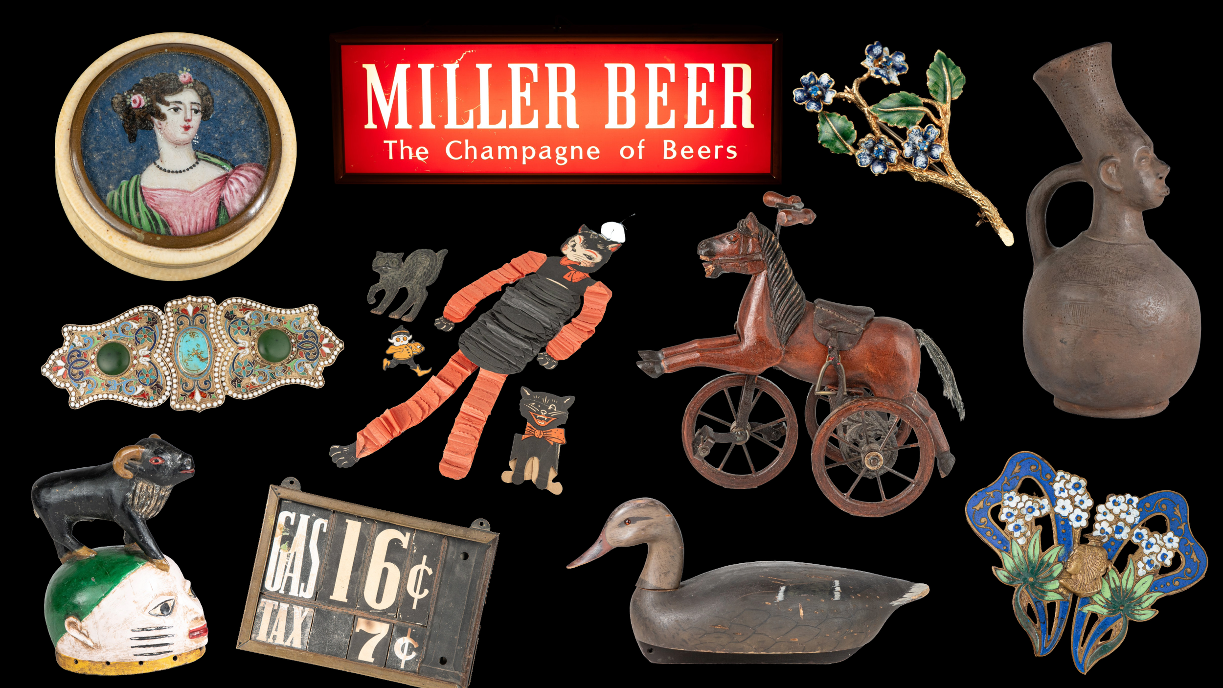 Curated Antiques Beer Signs African Art Jewelry Ephemera