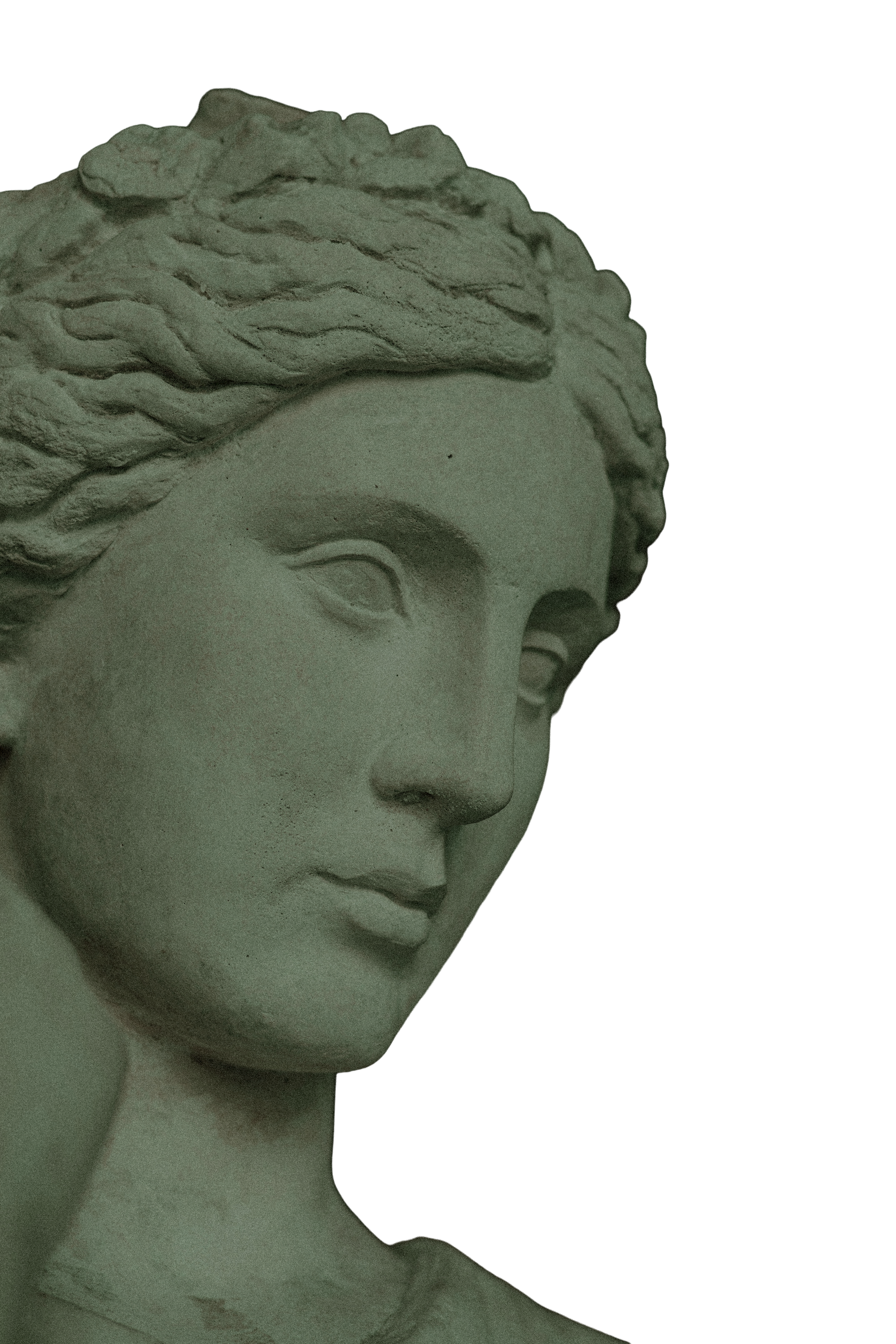 Close-up of a classical white marble statue's face, featuring detailed wavy hair, almond-shaped eyes, and a smooth, serene expression against a dark background.