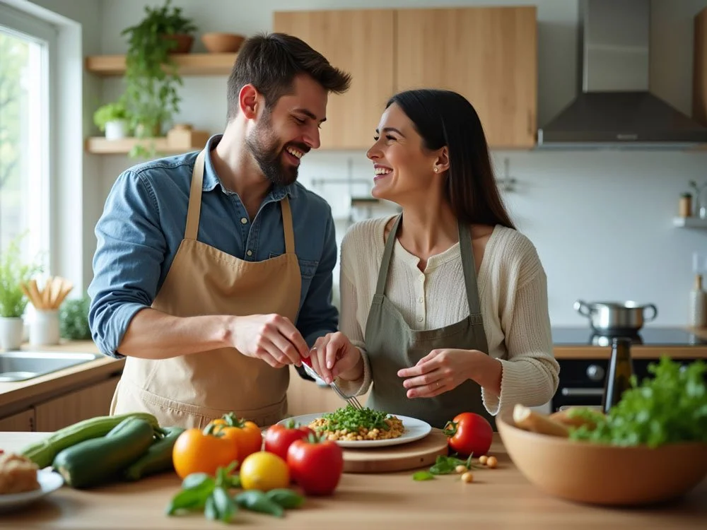 Ett par som lagar mat tillsammans i ett kök. Rost med minskar risken för hjärt-kärlsjukdomar.
