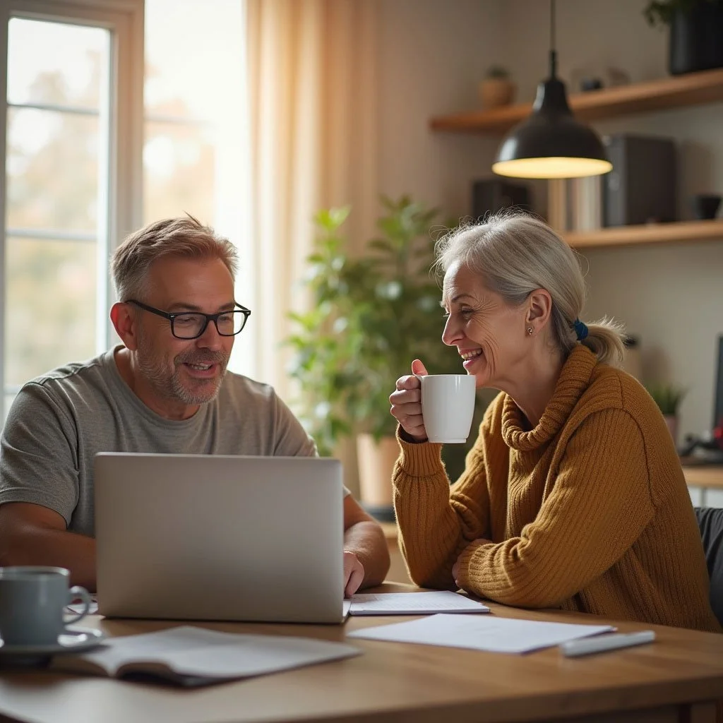Man och kvinna sittande vid ett köksbord, och tillämpar självmonitorering via en datorskärm.