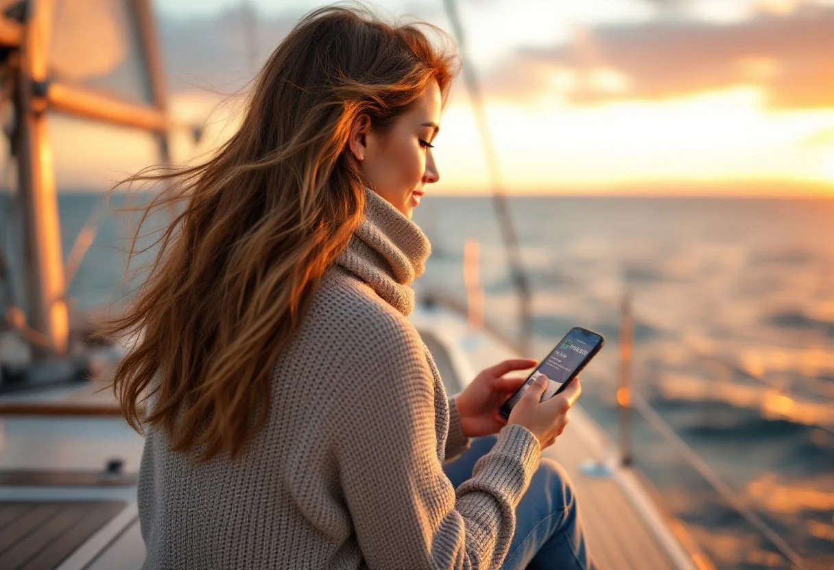 Kvinna som håller i sin mobiltelefon sittande på ett båtdäck.