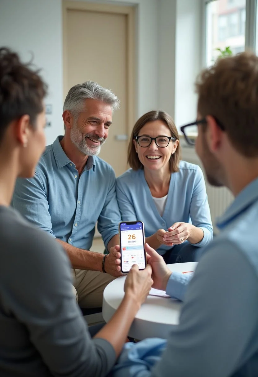 Fyra människor som sitter runt ett bord och diskuterar hälsa och egenmonitorering.