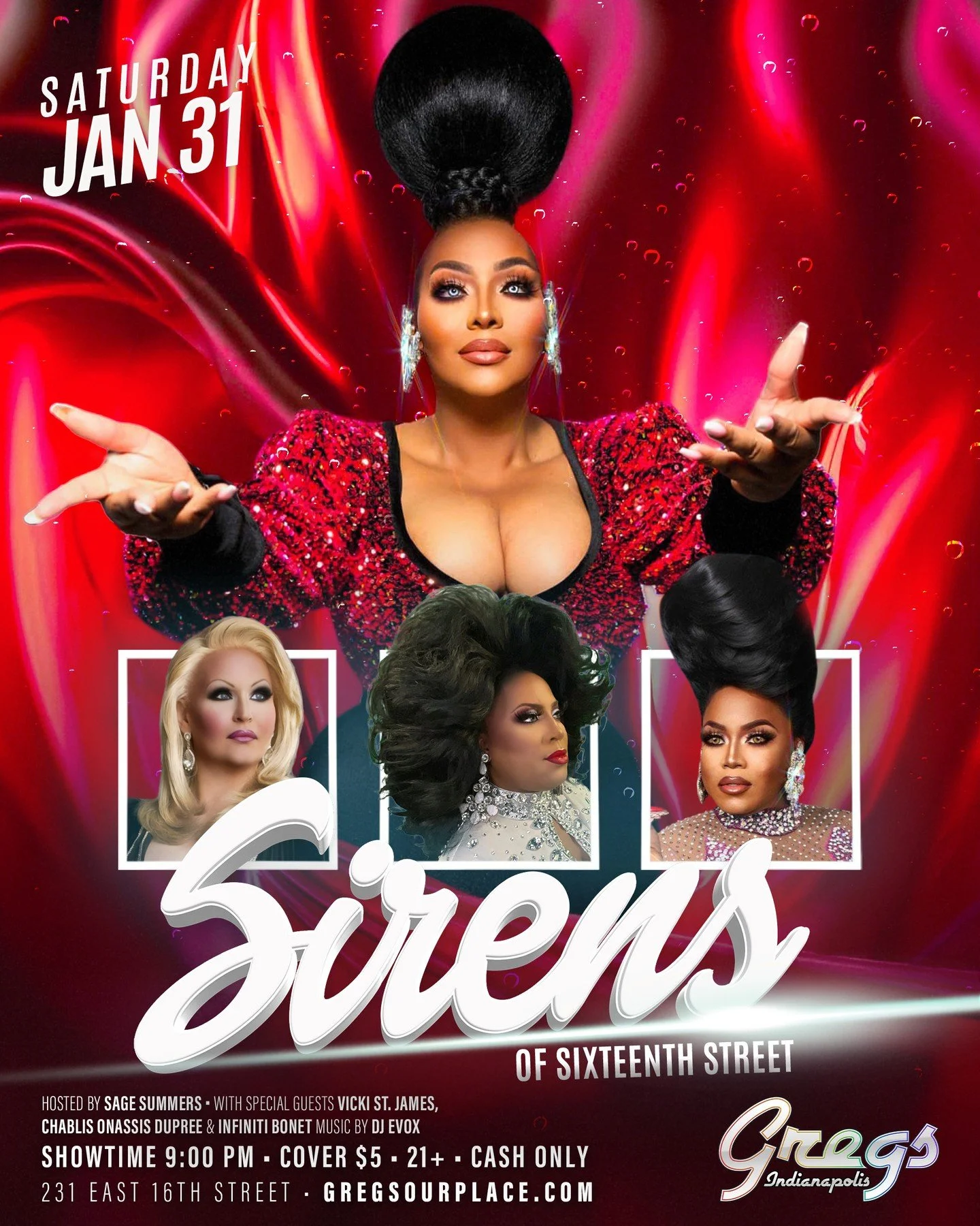 Join us, this Saturday, for the final Sirens of Sixteenth Street in January. 

Showtime: 9:00pm with $5 cover for the show.

Seating reservationsby calling the bar at: 317-638-8138