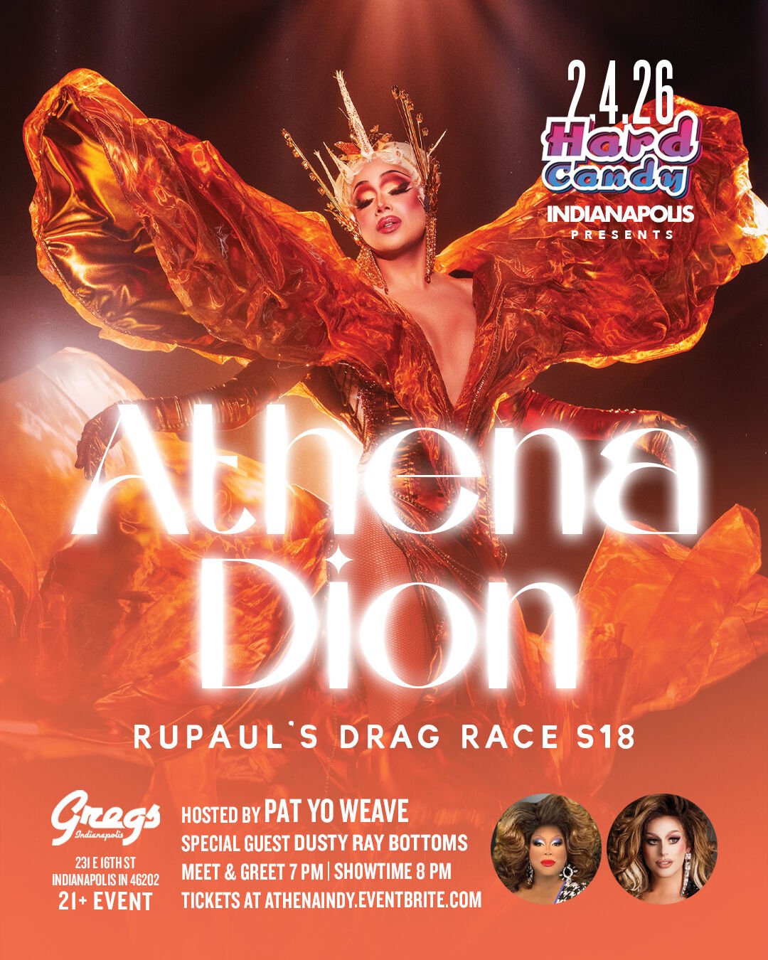ONE WEEK AWAY!

Catch Athena Dion, Wednesday, February 4th! Meet &amp; greet, as well as general admission, are available now.

Pat Yo Weave hosts, with a stellar local cast, and special guest Dusty Ray Bottoms.