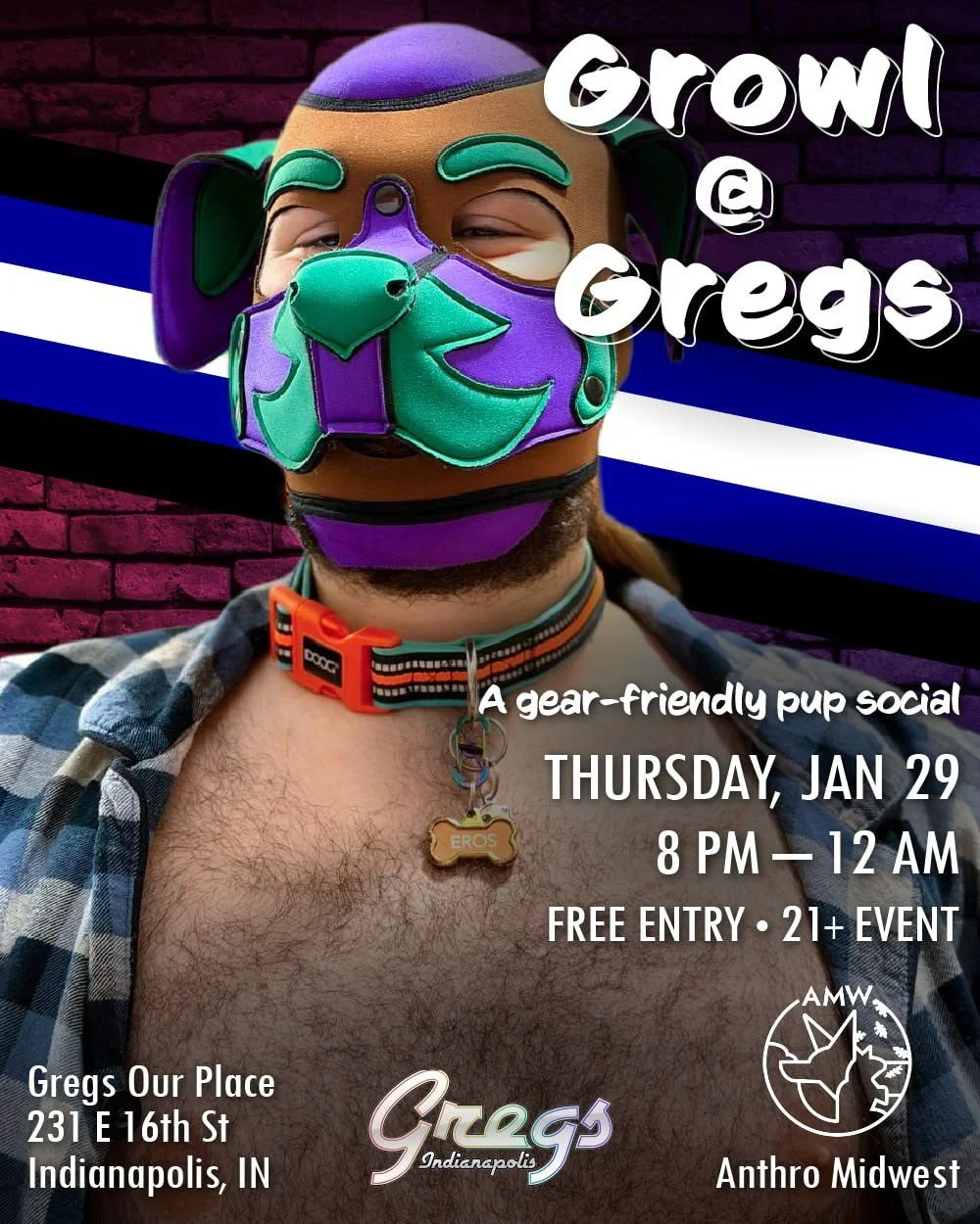 TONIGHT!

Join us, at 8pm, for Growl @ Gregs, a gear-friendly pup social.

No cover to join us. DJ Evox on the dance floor from 8pm to midnight!