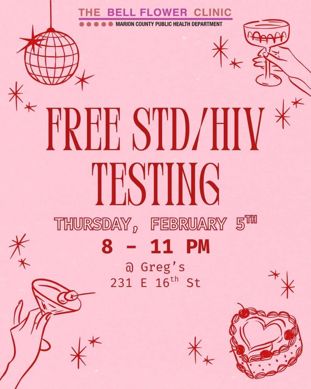 Tonight, from 8pm to 11pm, the Bell Flower clinic is providing for free HIV/STD testing, on site, at Gregs.