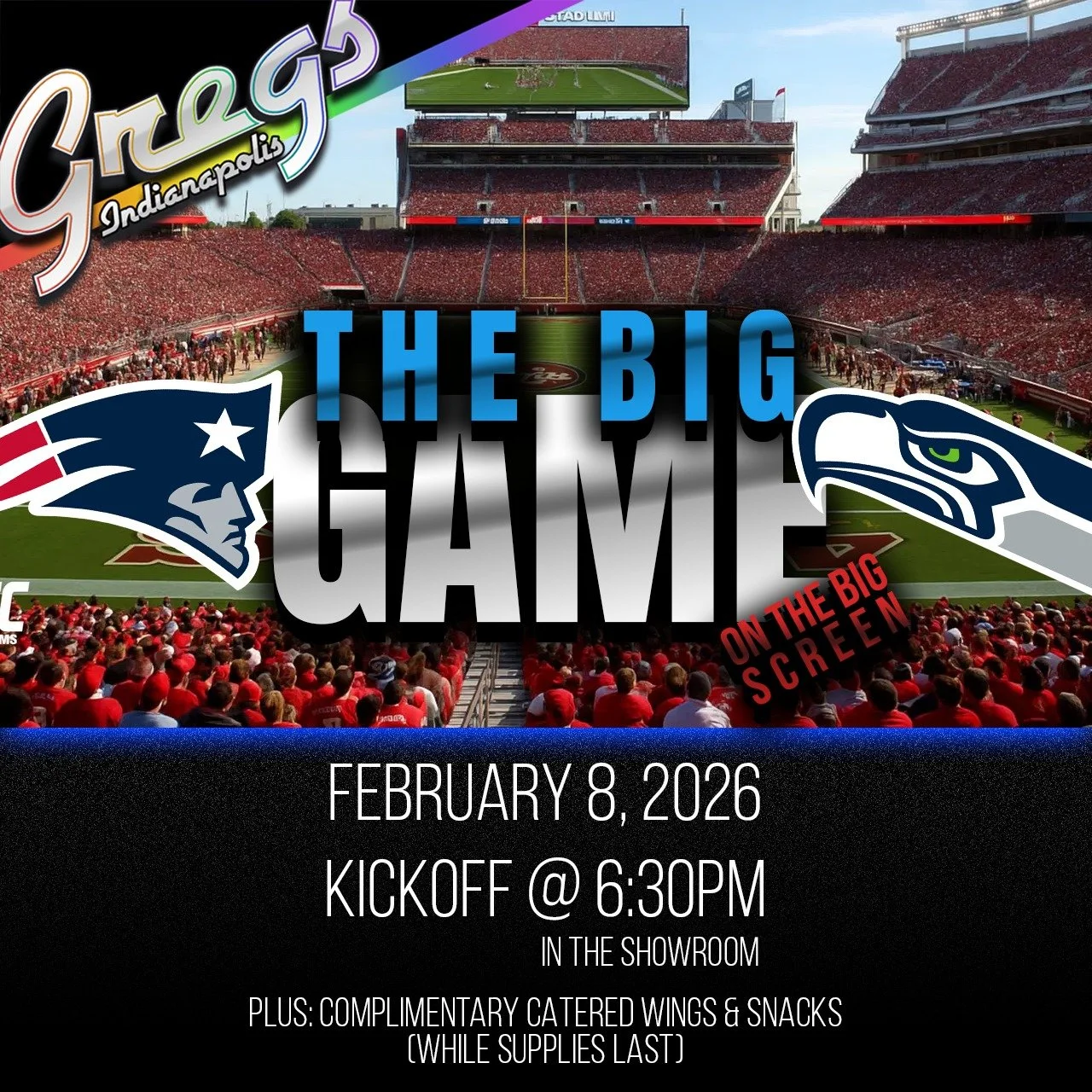THIS WEEKEND!

Join us for the Big Game on the Big Screen, Sunday. 

Plus, complimentary catered snacks, while supplies last.