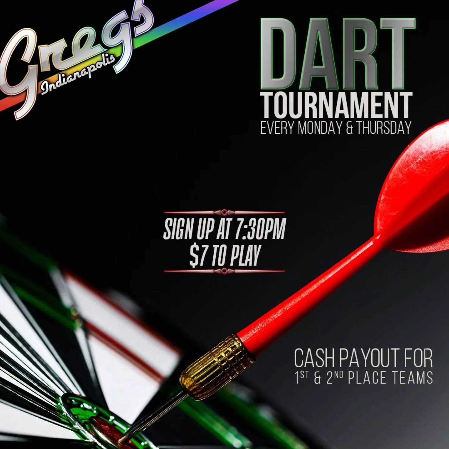 Our week dart tournament happens tonight, at 8:00pm. 

Sign up after 7:30pm, $7 to join.