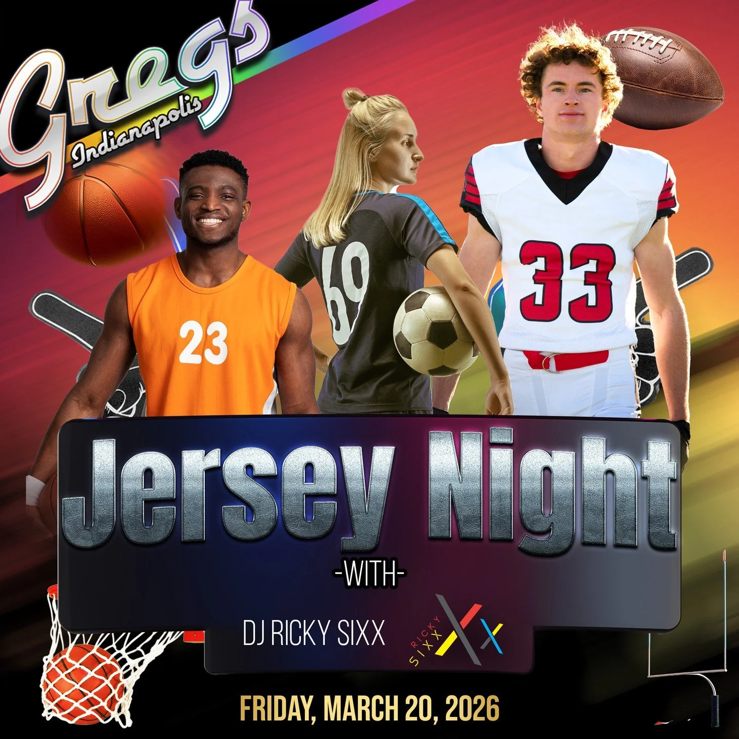 This Friday, March 20th, grab your favorite jersey, and join us for Jersey Night.

DJ Ricky Sixx starts video mixing in the main bar, at 10:00pm.