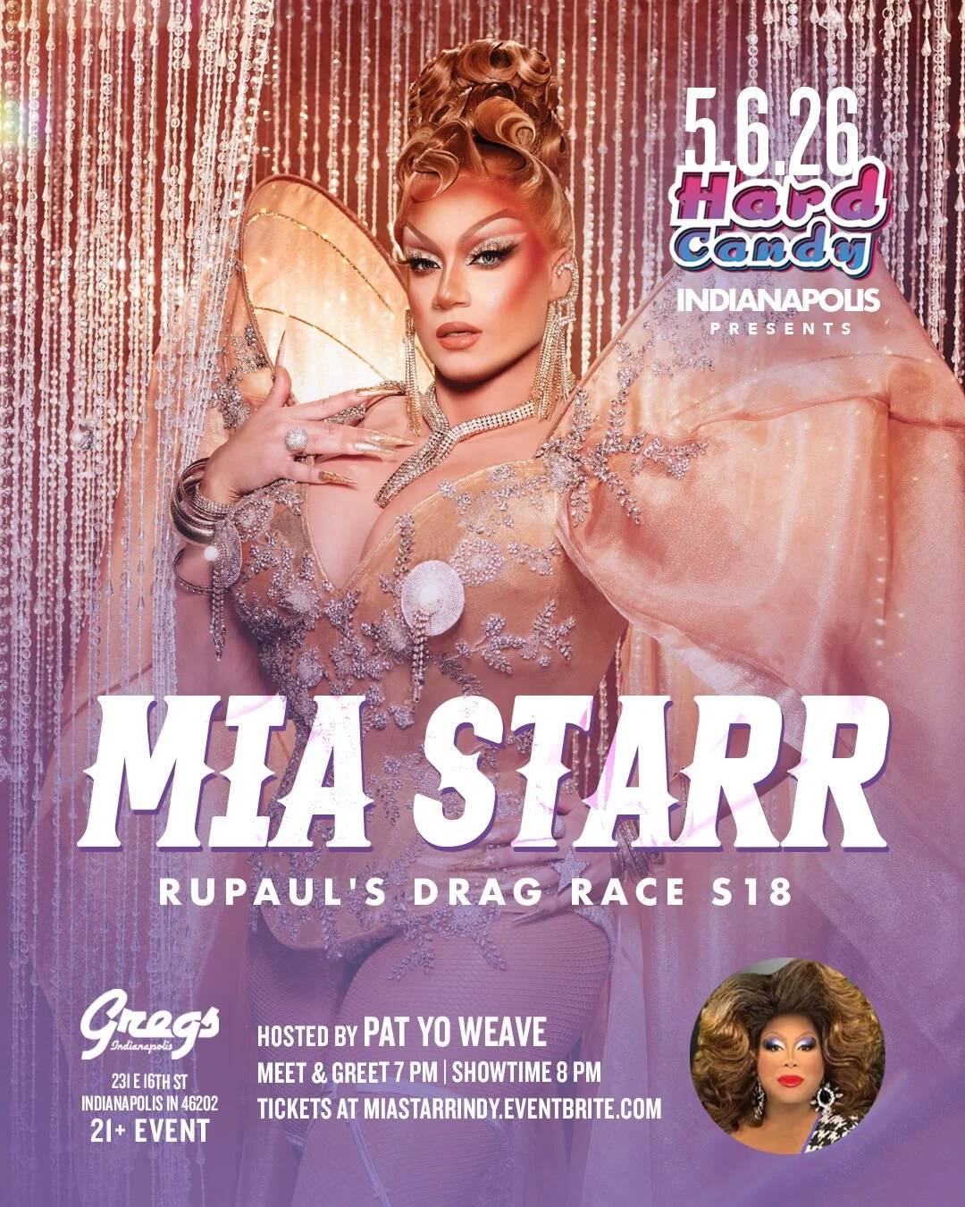 ONE WEEK AWAY!!

Join us May 6th, when Mia Starr joins another stellar local cast on the Gregs stage!

7pm M&amp;G | 8pm Show

Link at the bottom of the graphic.