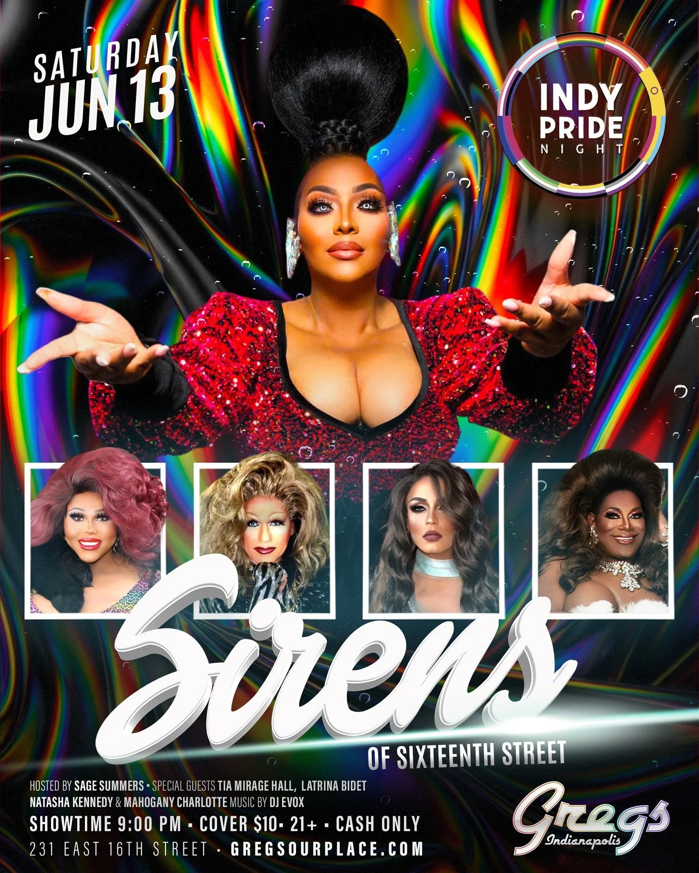 SATURDAY!

Catch a special Pride Night edition of the Sirens of Sixteenth Street, featuring:

Sage Summers, Tia Mirage Hall, Latrina Bidet, Natasha Kennedy, and Mahogany Charlotte!!