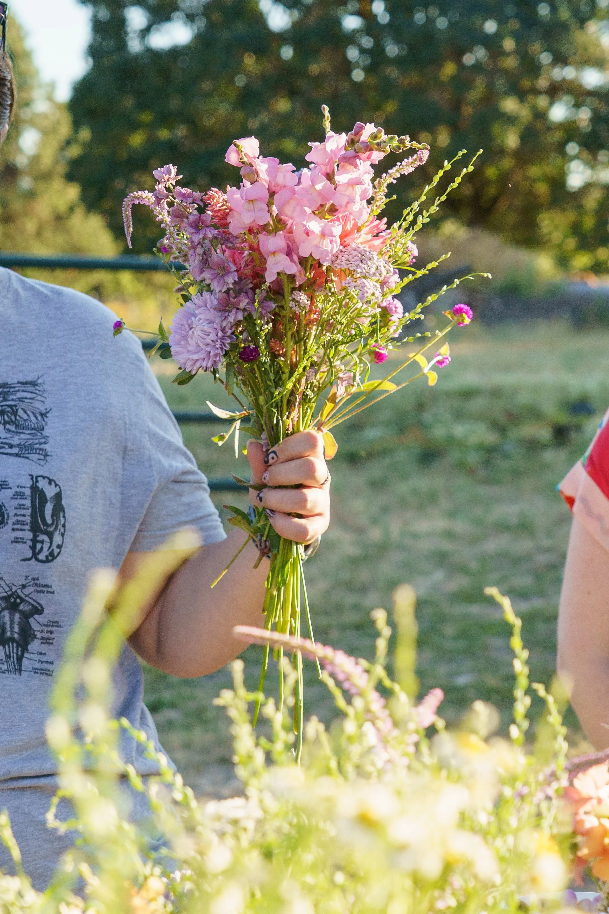 A person holding a colorful bouquet of pink and purple flowers outdoors in natural sunlight.