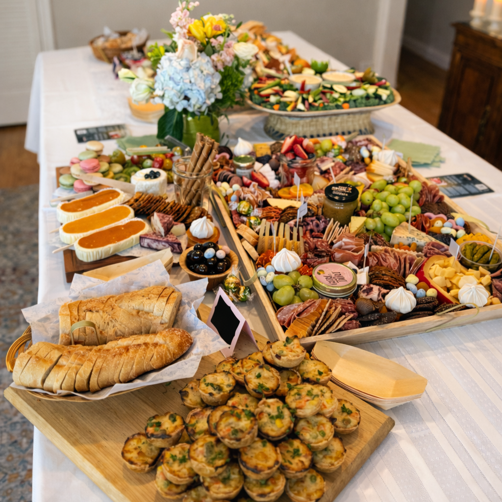 A table filled with an assortment of finger foods, cheeses, fruits, desserts, and a floral centerpiece, set up for a gathering or celebration.