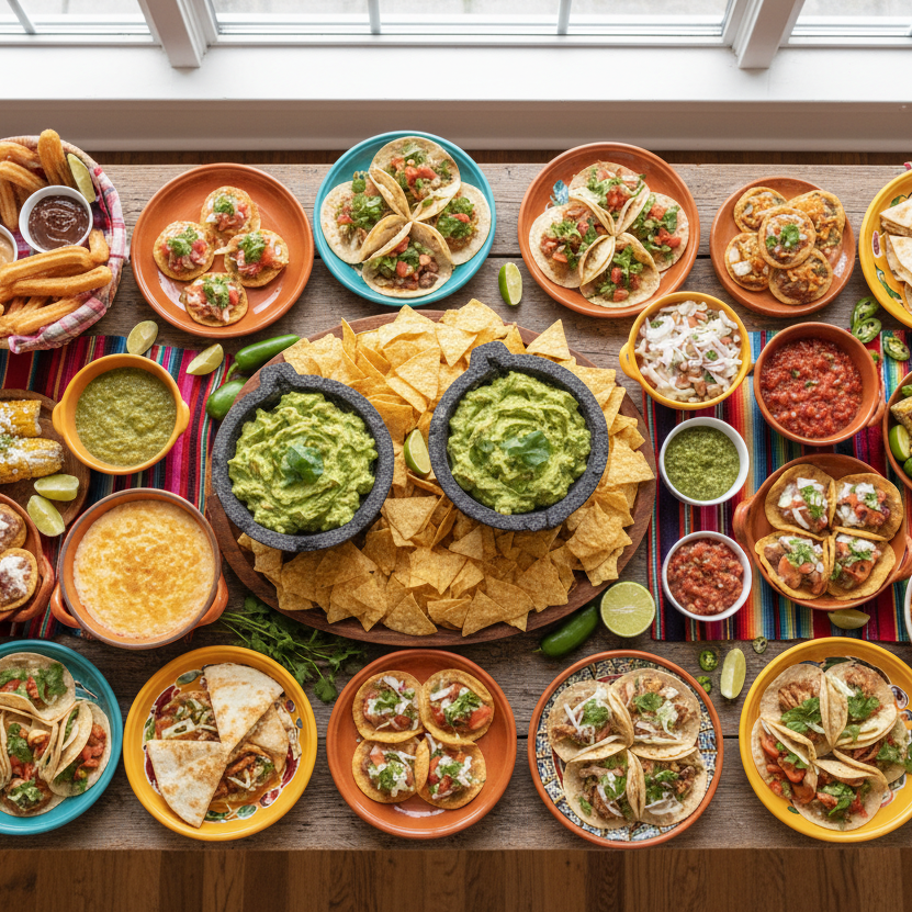Mexican food grazing tables with fresh salsas, tortillas, dips, and shareable favorites, styled for events and celebrations.