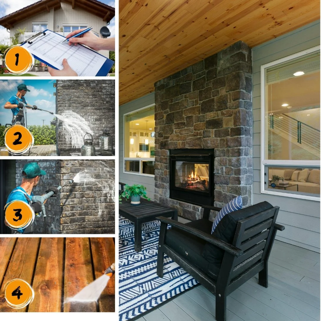 Collage showing exterior home renovation steps. Step 1: Person holding checklist in front of house. Step 2: Worker pressure washing a brick wall. Step 3: Worker cleaning a brick wall. Step 4: Pressure washing a wooden surface. Right image: Cozy porch with stone fireplace, chair, and table on a rug.