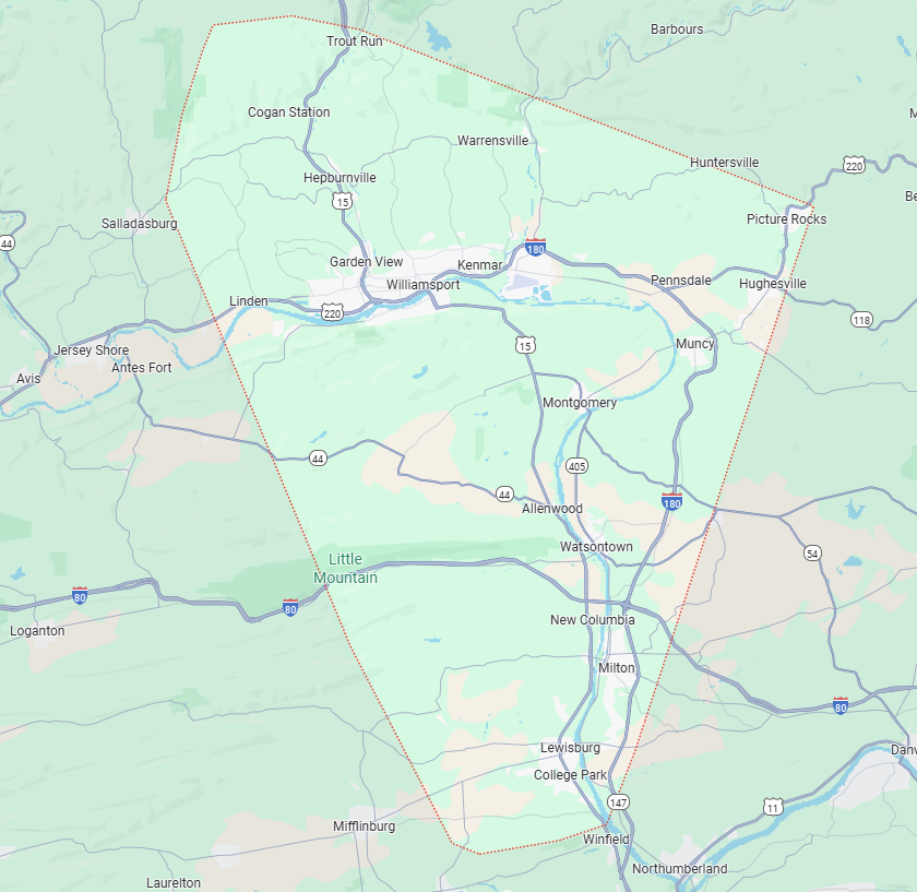 Service area map for Williams Waste Haulers covering Lycoming, Union, and Northumberland counties in Pennsylvania