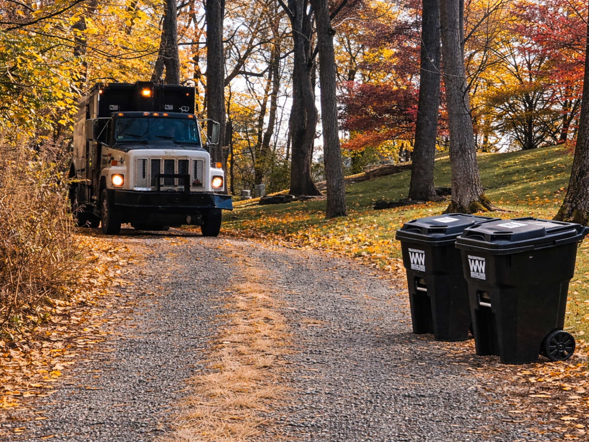 Residential trash pickup by Williams Waste Haulers with garbage truck approaching bins in a wooded driveway in Lewisburg PA