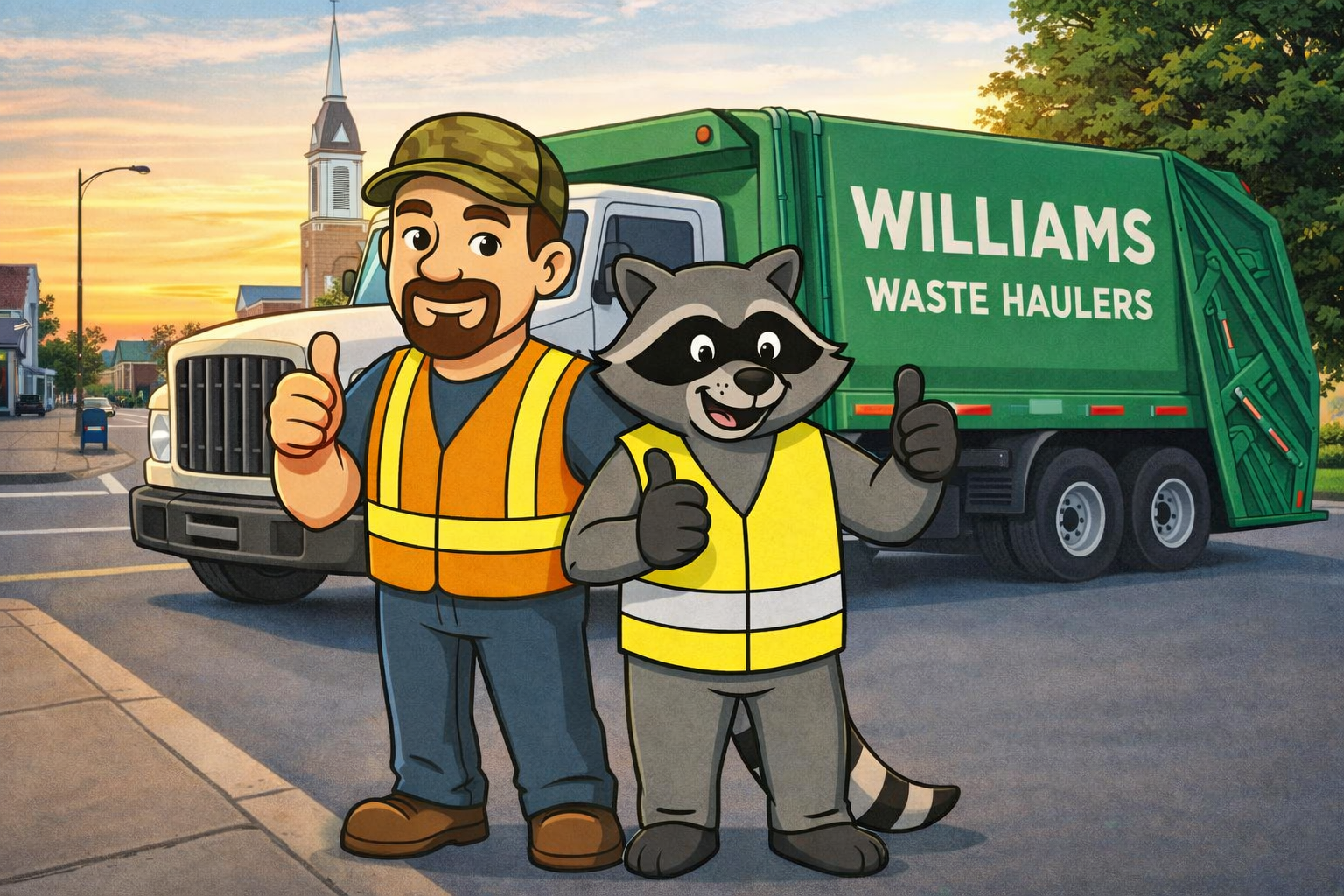 Cartoon of Ethan and the raccoon from Williams Waste Haulers used for fun trash and recycling reminder posts
