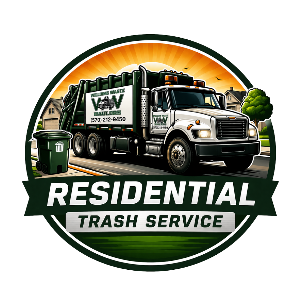 Residential trash pickup service in Hughesville, PA with curbside garbage bins and collection truck by Williams Waste Haulers