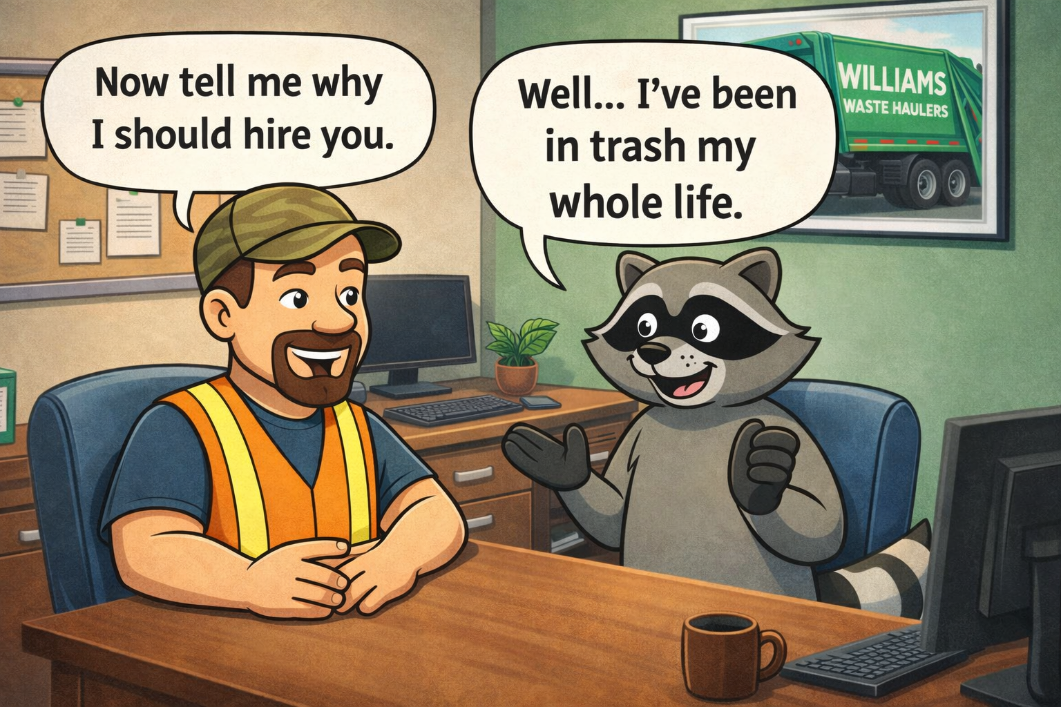 Cartoon of Ethan interviewing the raccoon from Williams Waste Haulers used in fun trash and recycling reminder posts