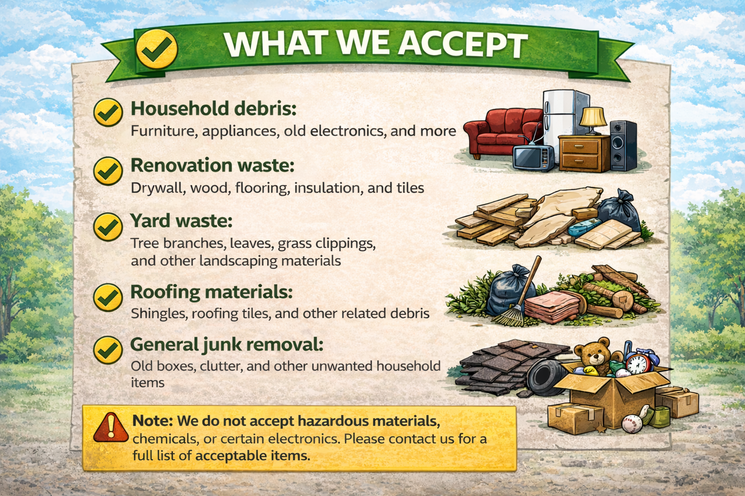 Materials accepted in roll-off dumpsters including household debris, renovation waste, yard waste, roofing materials, and general junk by Williams Waste Haulers
