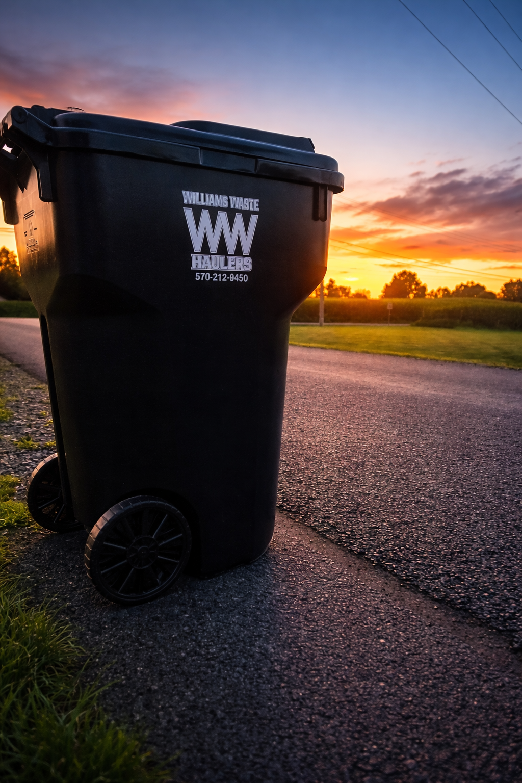 Residential trash bin by Williams Waste Haulers at curbside during sunset in Lewisburg PA ready for pickup