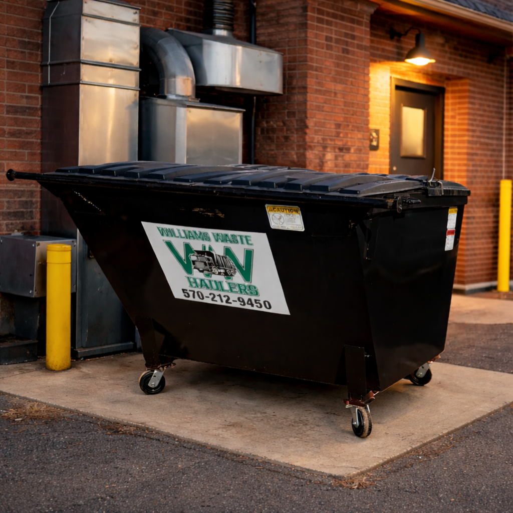 Rear load dumpster service by Williams Waste Haulers for commercial trash pickup in Lewisburg PA
