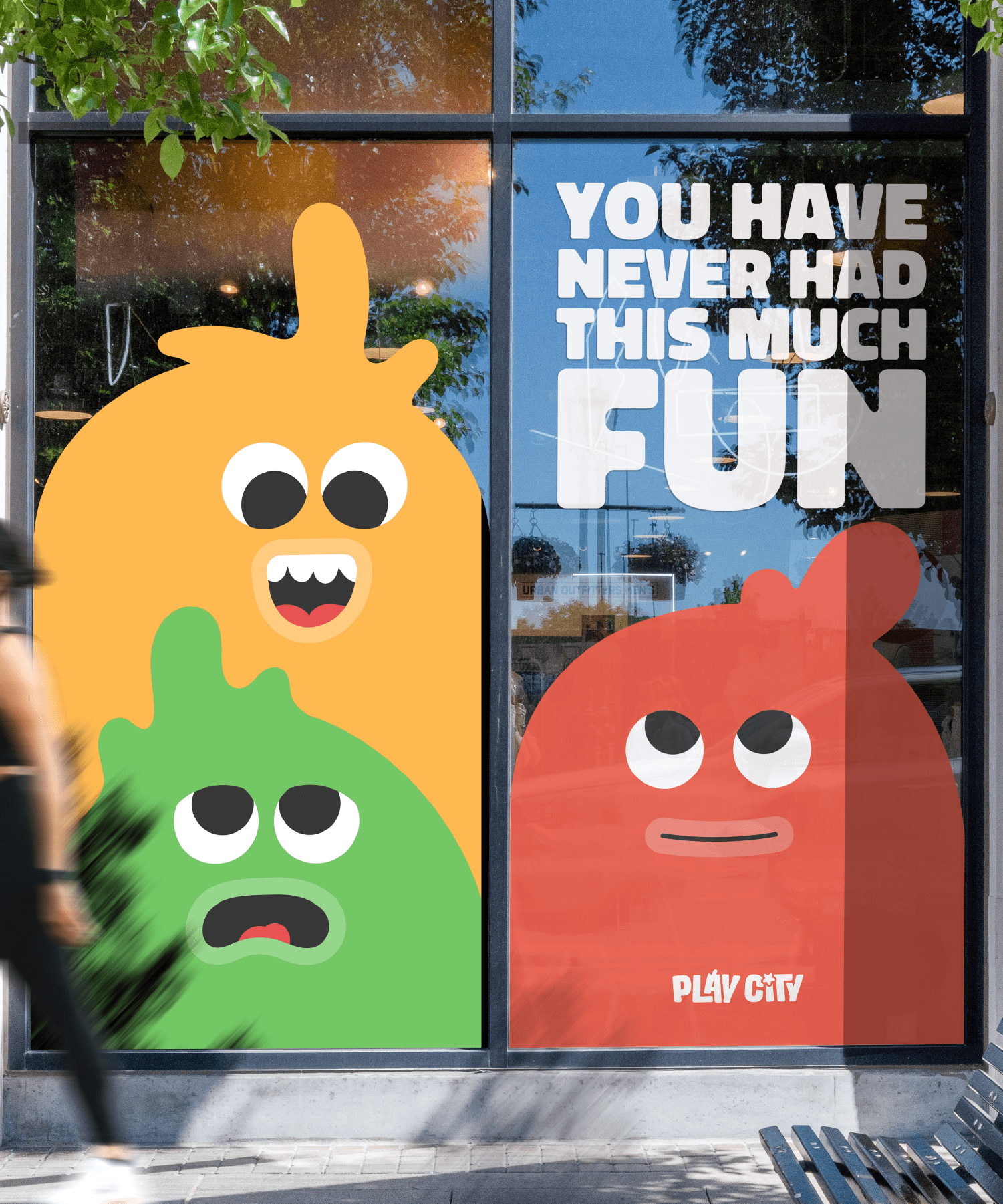 Play City colorful cartoon characters on window with 'You Have Never Had This Much Fun' text.