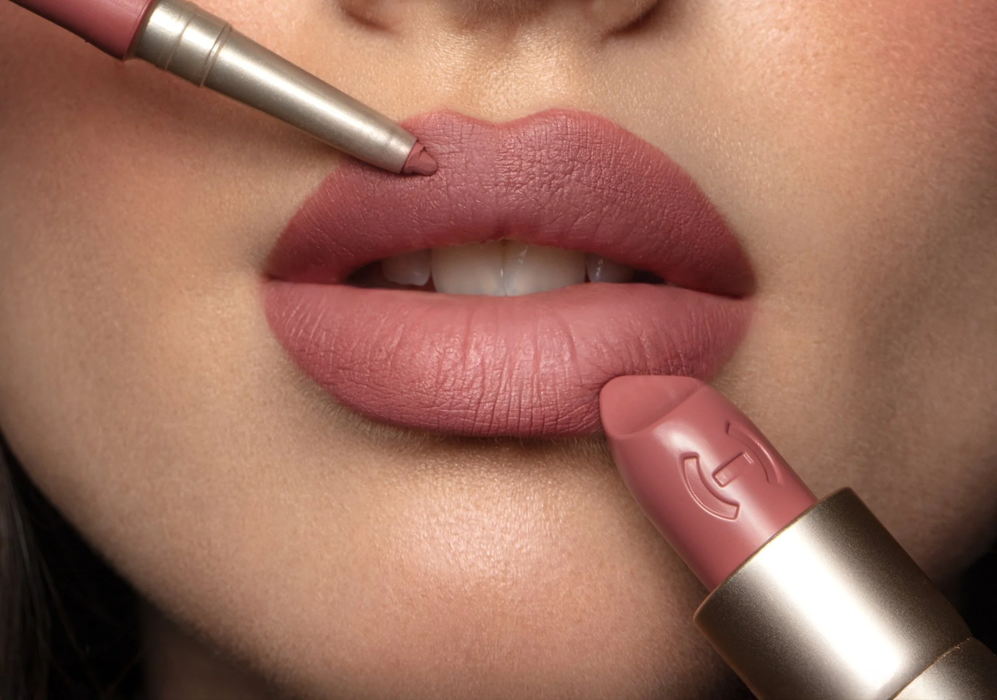 Close-up of nude lipstick application for TRU(HUE) cosmetics, showcasing modern makeup packaging design and inclusive beauty branding.