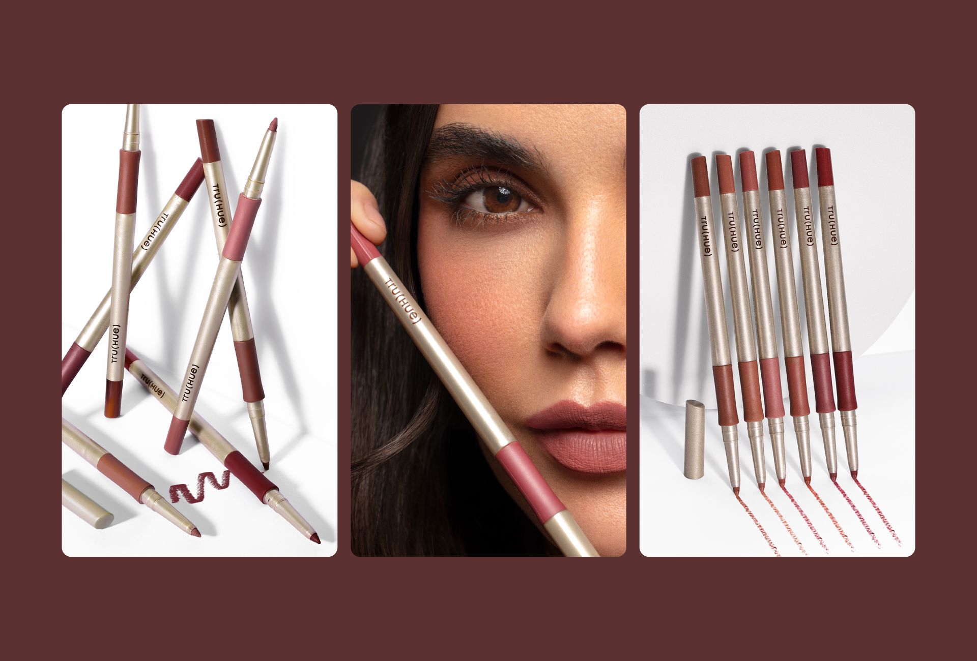 TRU(HUE) lip liner range and shade lineup, featuring cosmetics product design, makeup packaging details, and beauty campaign imagery.