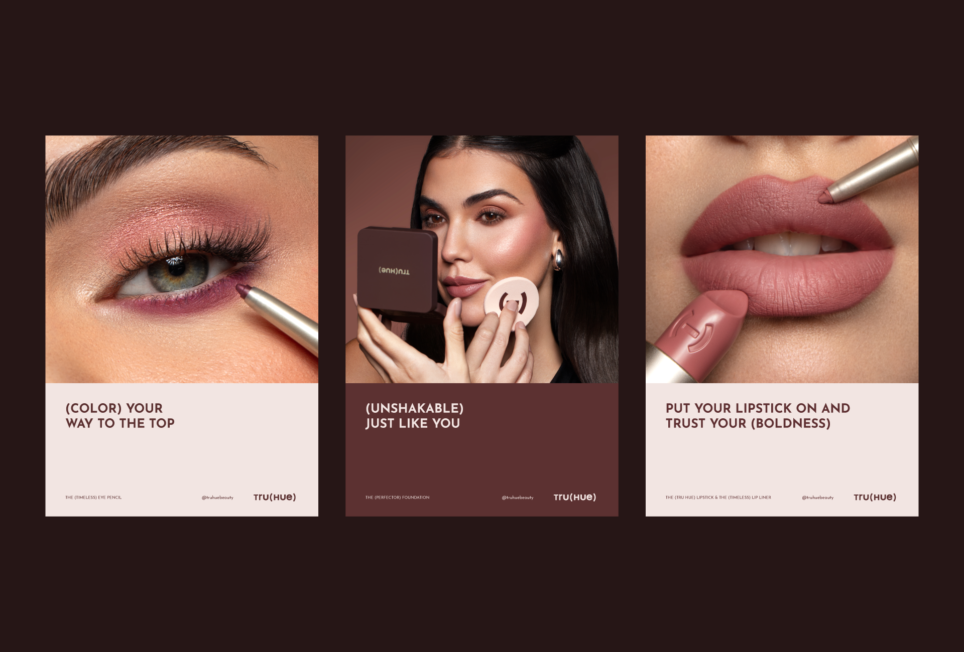 TRU(HUE) cosmetics campaign creatives featuring makeup close-ups, product messaging, and a consistent beauty brand visual system.