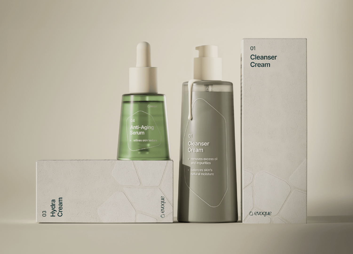 Skincare products display with anti-aging serum, cleanser cream, and product packaging.