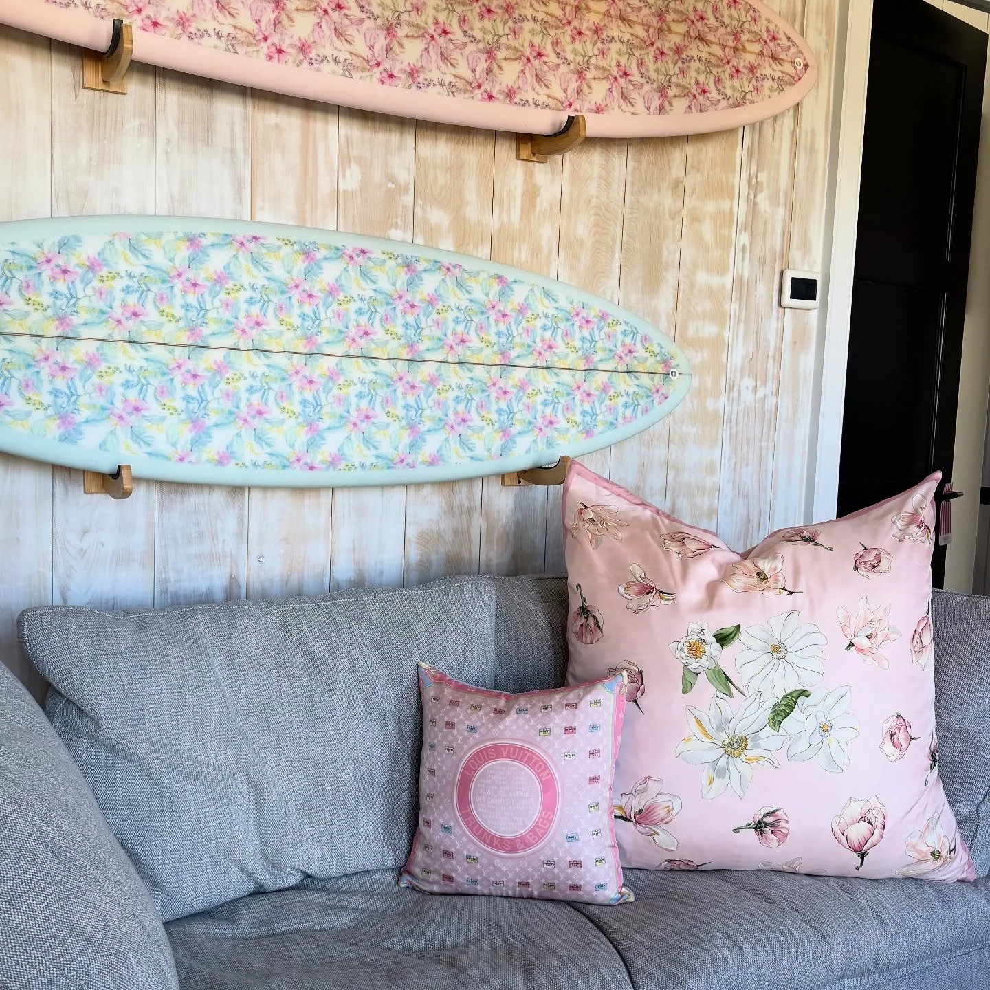What an adorable little duo! This Pink Floral Tiffany Pillow &amp; mini pink Louis Vuitton number pair nicely together🛏️✨💕 these are both still available!* #luxurypillows #ciaobellayachtclub