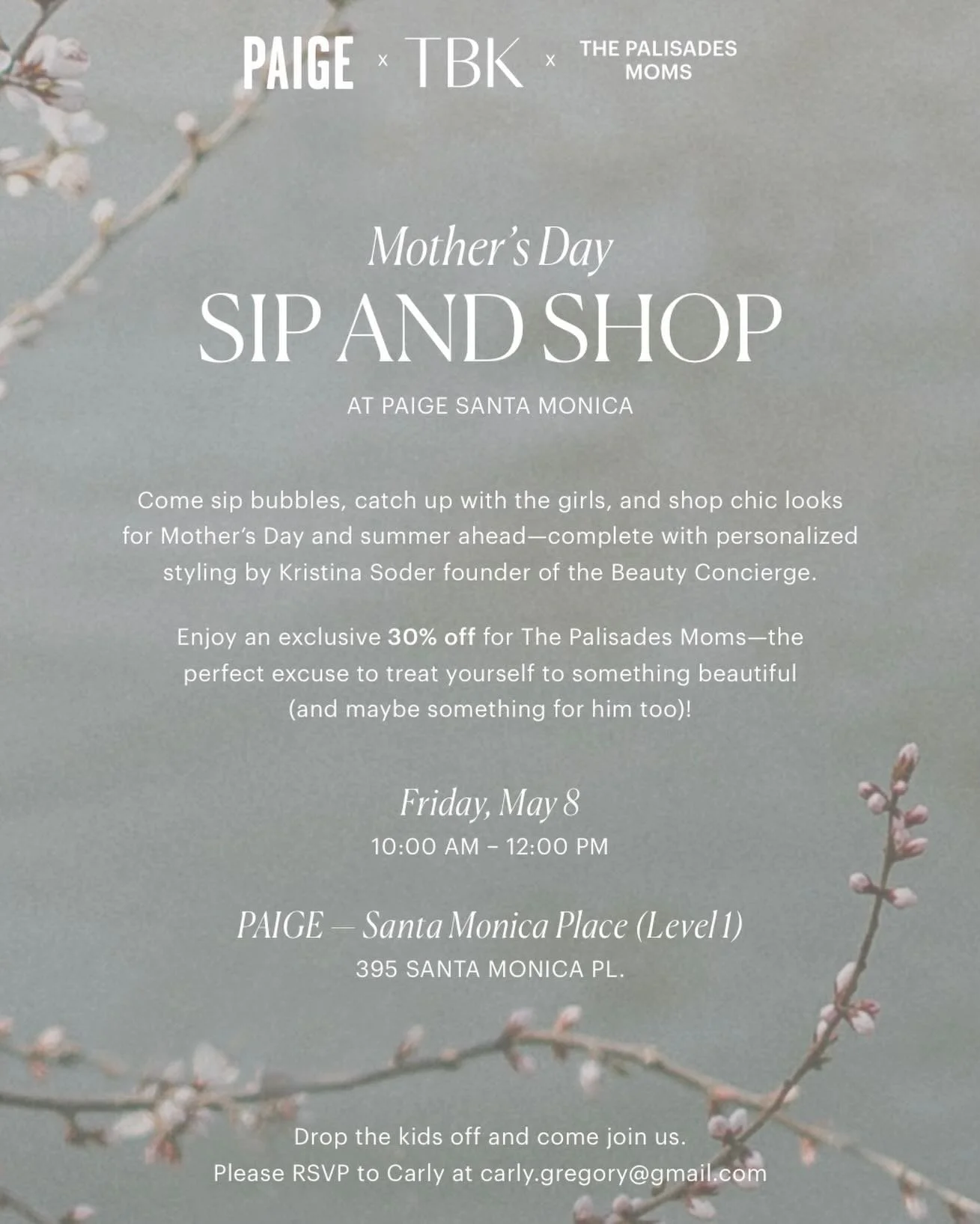 One week 🤍

Mother&rsquo;s Day Sip &amp; Shop with @paige + @thebeautykoncierge + @thepalisadesmom &mdash; with 30% off for our group.

Friday, May 8
10am&ndash;12pm
PAIGE, Santa Monica Place

RSVP to secure your spot + access the discount 🛍️
Bring