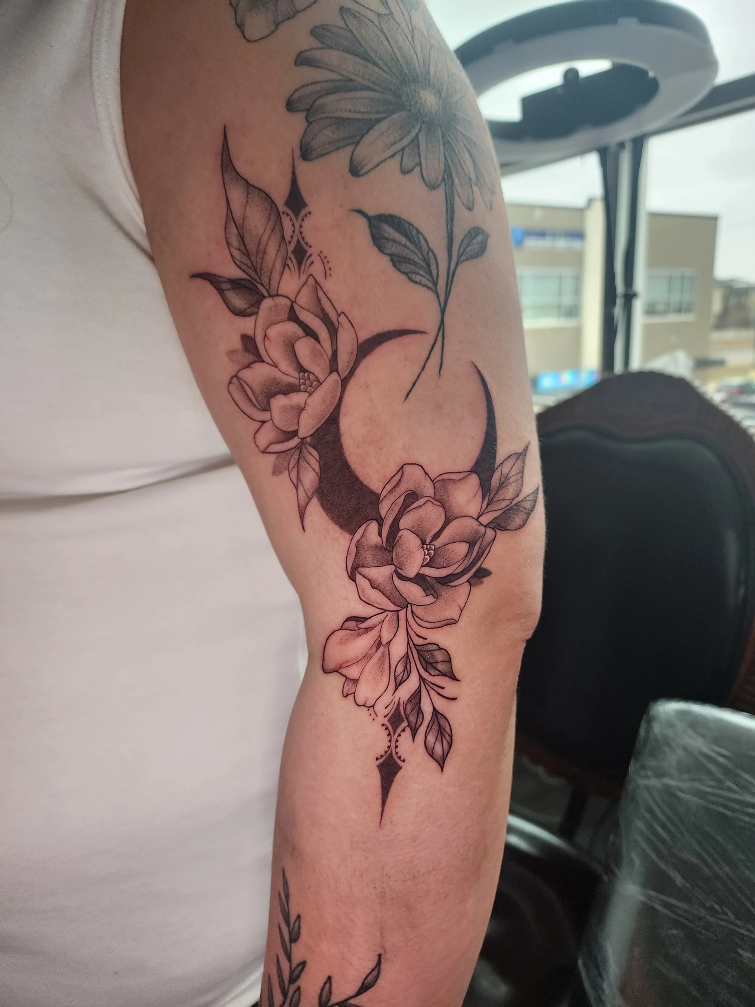 black and grey moon with florals