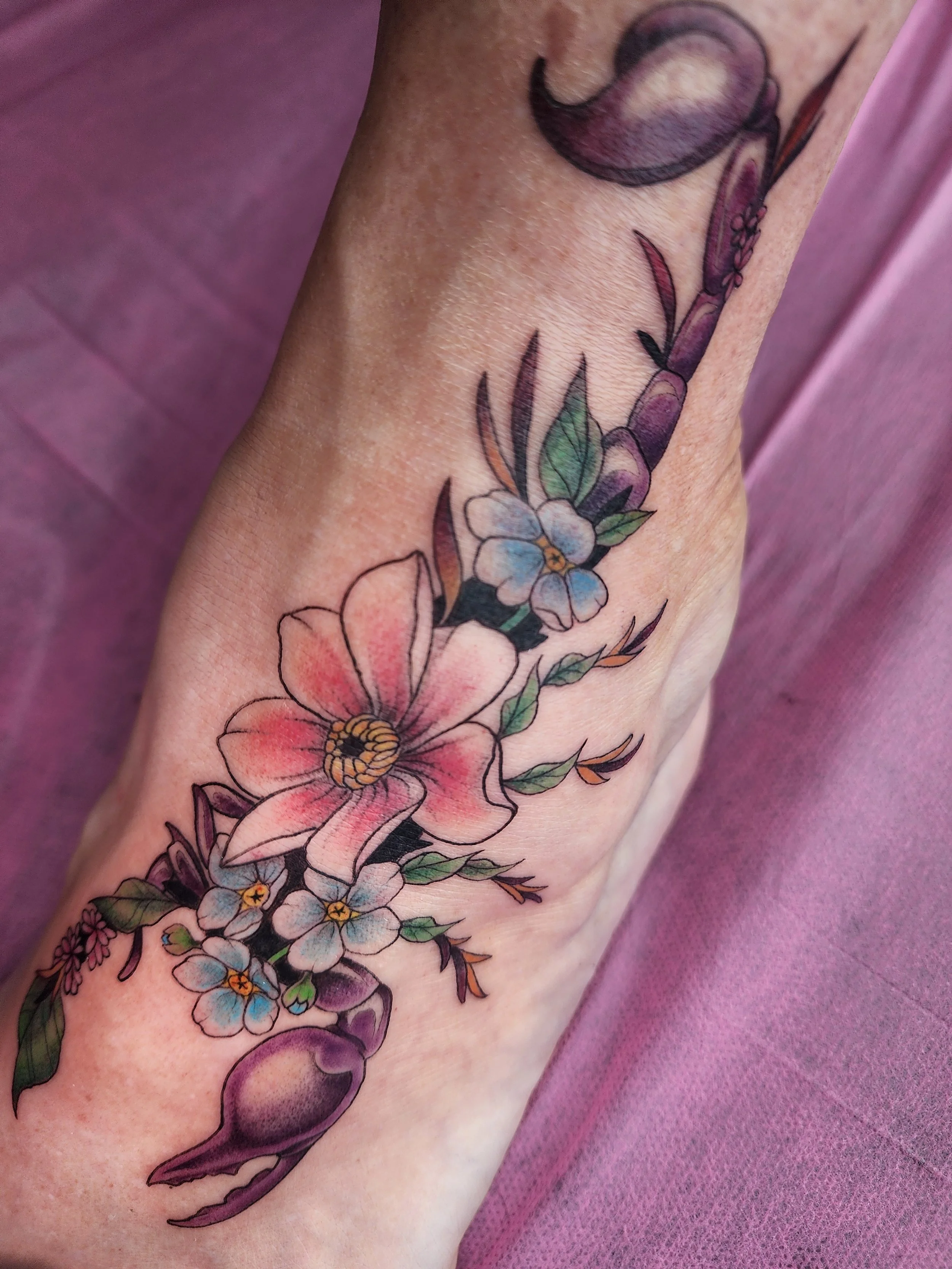 colourful scorpion tattoo on foot