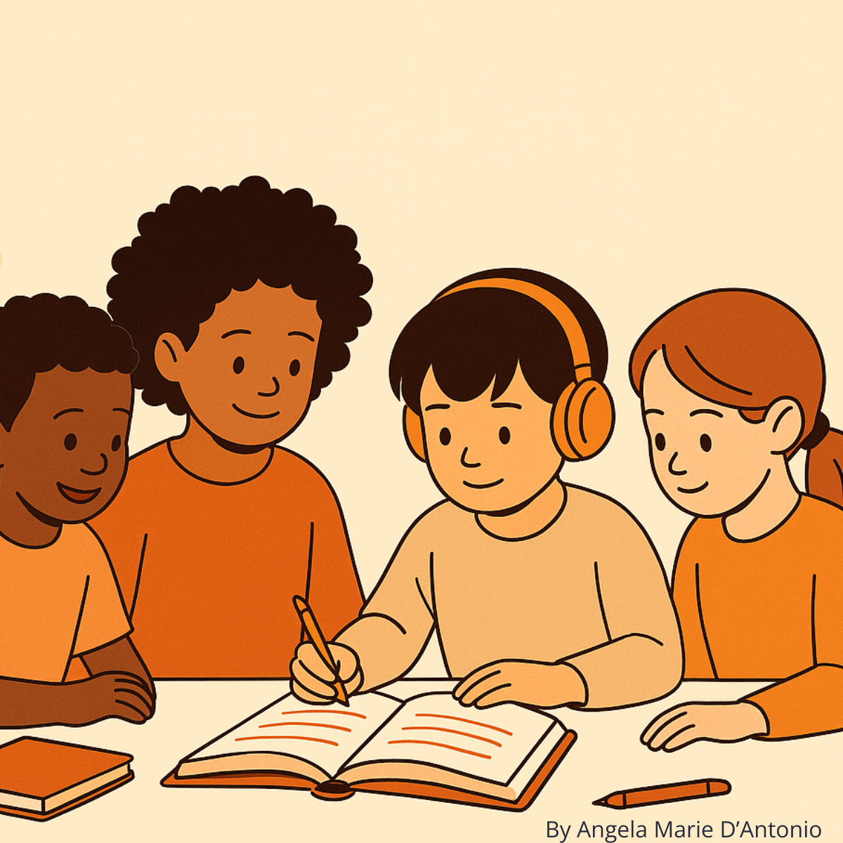 Diverse group of neurodivergent students studying together at a table with books and learning materials, one student wearing headphones for sensory accommodation