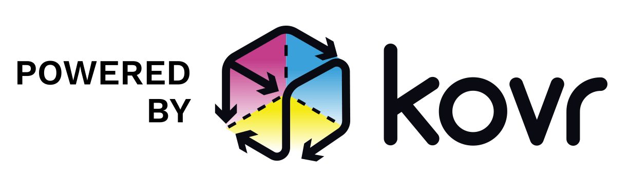 Logo with a colored recycling symbol and the words "Powered by kovr" in black text.