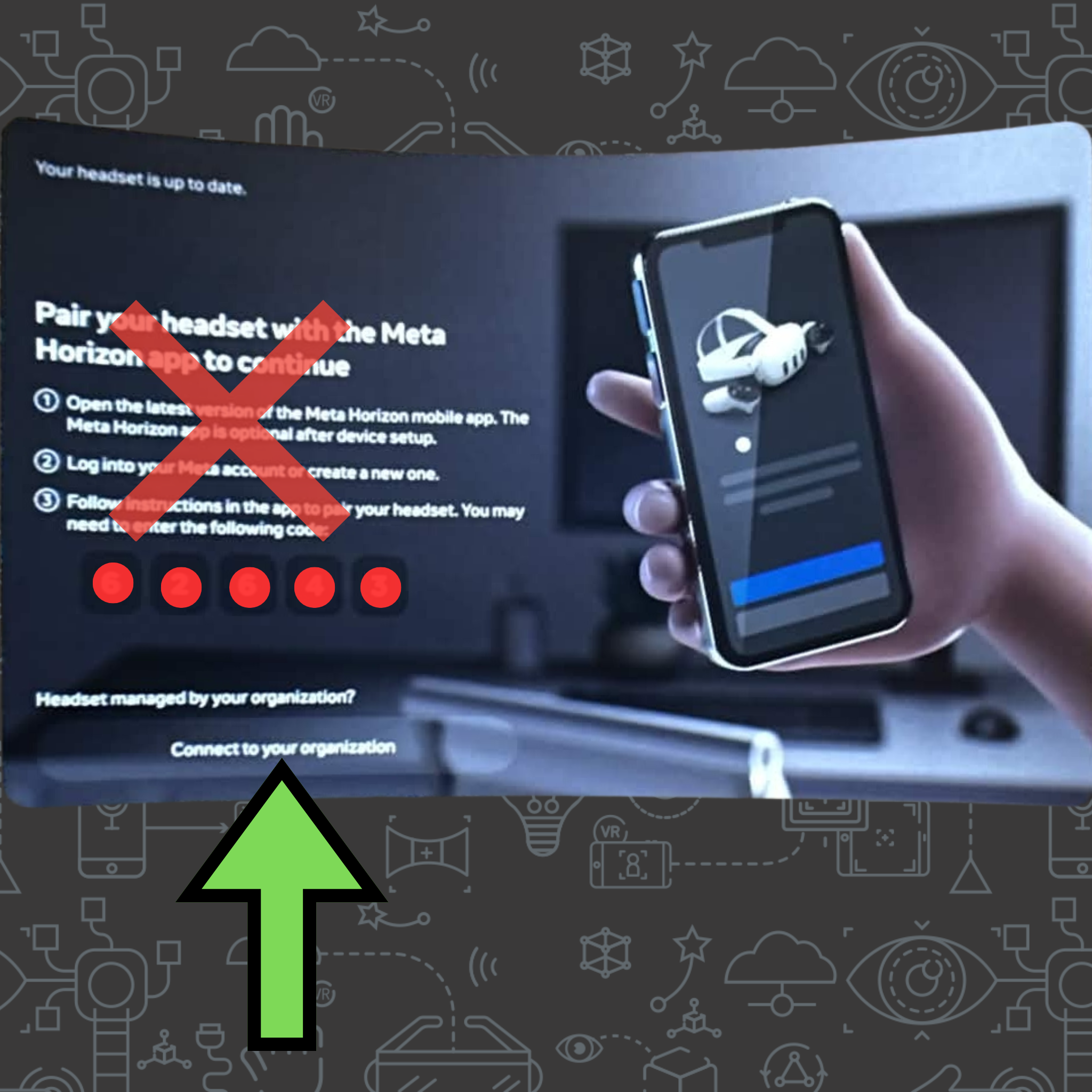 A Meta Quest setup screen with a red 'X' over the mobile app pairing instructions and a large green arrow pointing to the 'Connect to your organization' button at the bottom.