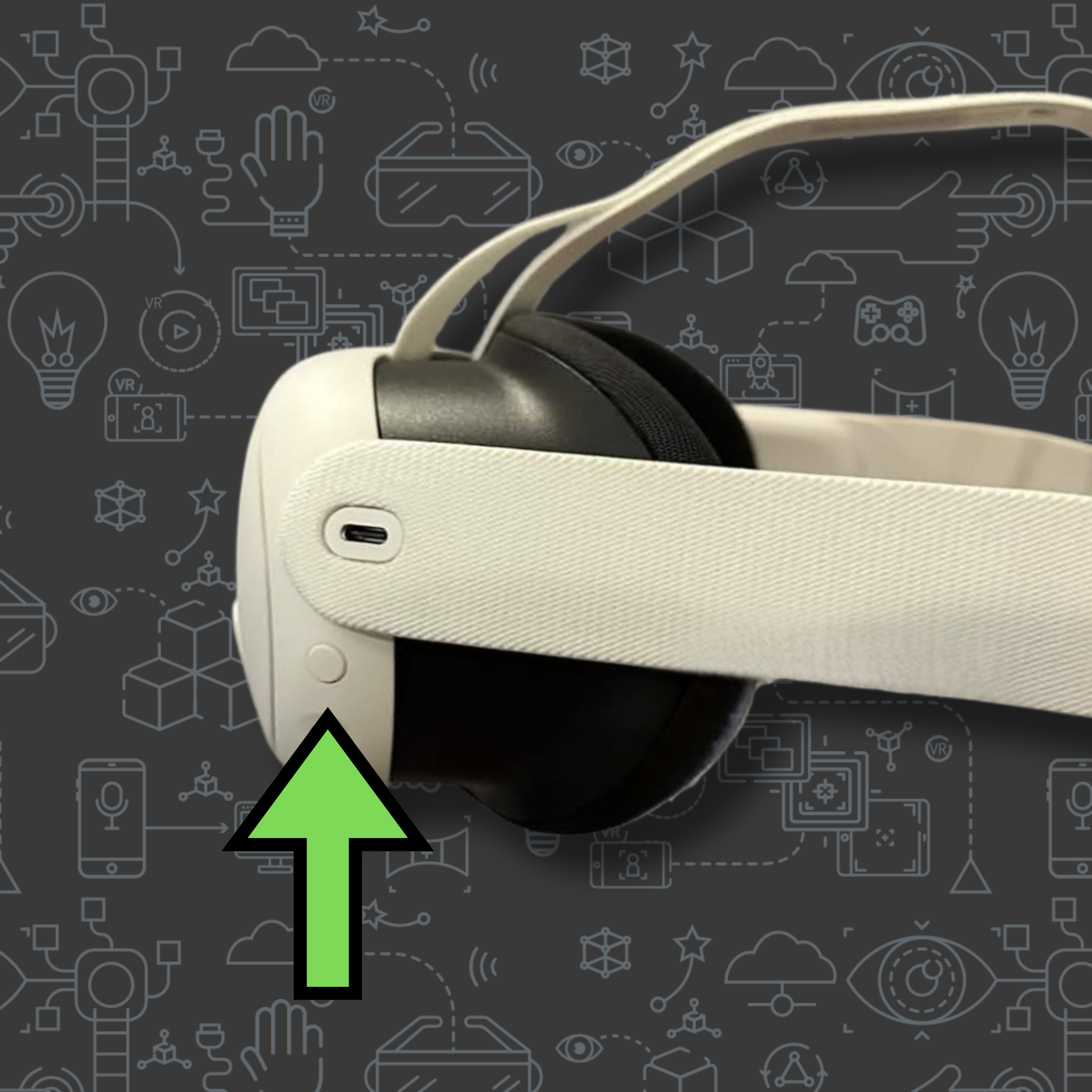 Close-up of the left side of a white Meta Quest 3 VR headset with a green arrow pointing directly to the circular power button.